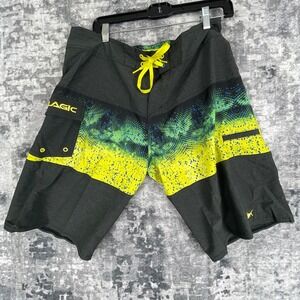 Pelagic Board Shorts Mens 34 Grey Poly Nylon Yellow Green Mahi Mahi Fish Print